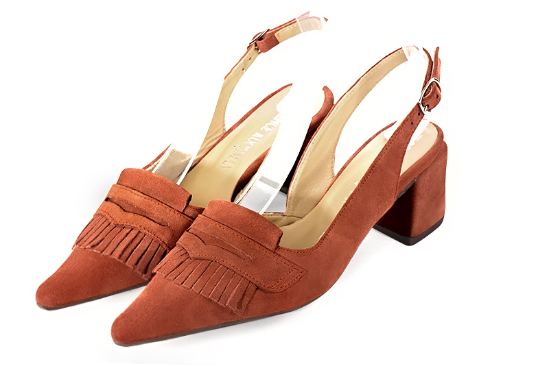 Terracotta orange women's slingback shoes. Pointed toe. Medium block heels. Front view - Florence KOOIJMAN
